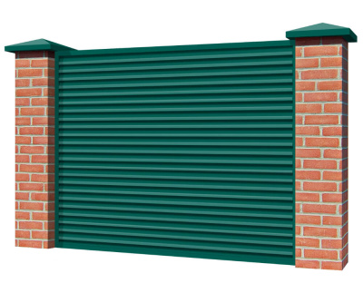 Секция забора жалюзи из ламелей Жалюзи ЭКО-Z RAL6026 Опал с кирпичными столбами