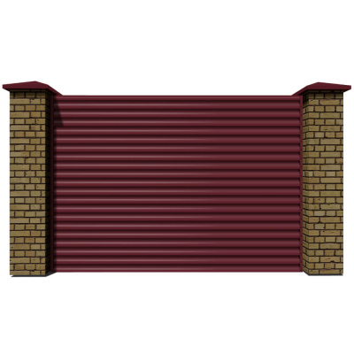 Секция забора жалюзи из ламелей еврожалюзи RAL3005 Красное Вино с кирпичными столбами анфас